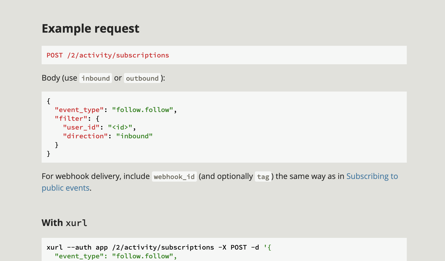 X API Developer Blog — example webhook subscription request